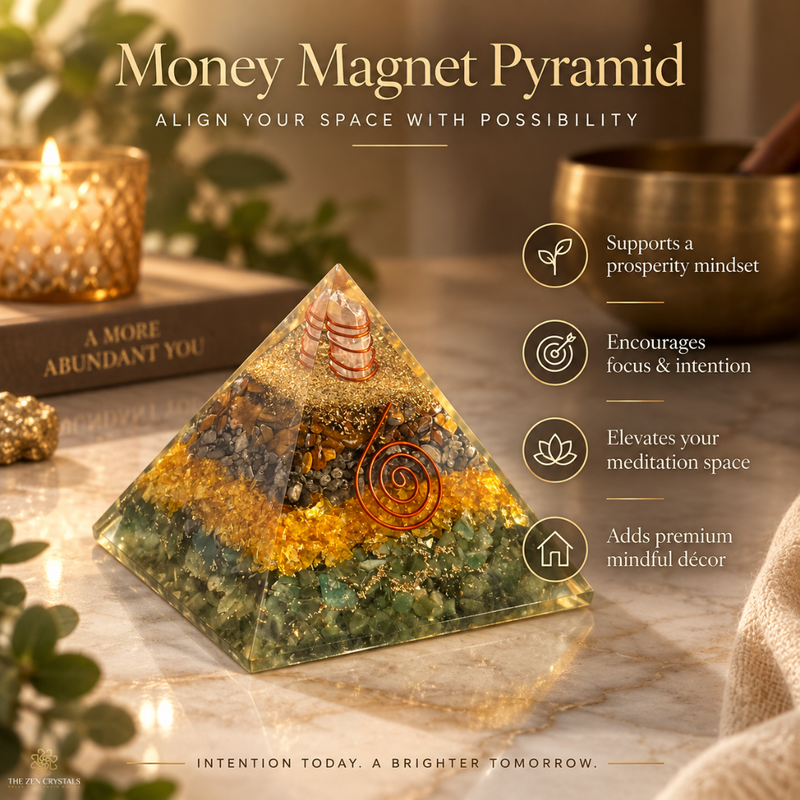 A layered crystal pyramid labeled 'Money Magnet Pyramid' sits on a marble surface with decorative props including a candle, book, bowl, and greenery. Text on the image lists benefits such as supporting a prosperity mindset and encouraging focus and intention.