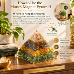 An organic crystal money magnet pyramid displayed on a wooden surface with books and plants in a styled home setting. The pyramid contains layered natural crystals and metallic elements, with printed instructions and a compass graphic explaining how to keep and use the pyramid in the southeast corner of a home.
