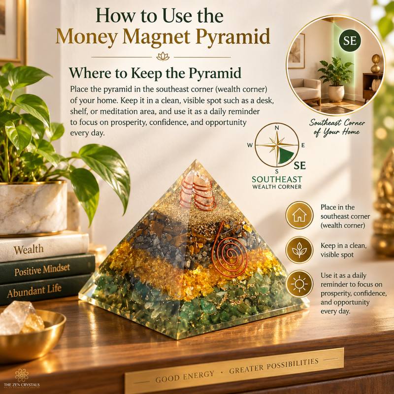 An organic crystal money magnet pyramid displayed on a wooden surface with books and plants in a styled home setting. The pyramid contains layered natural crystals and metallic elements, with printed instructions and a compass graphic explaining how to keep and use the pyramid in the southeast corner of a home.