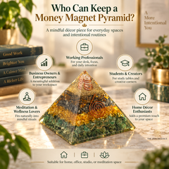 An organic crystal pyramid with gold and green resin detailing sits on a marble surface in a styled home office setting. The image includes text overlays describing the pyramid as a 'Money Magnet Pyramid' and lists various groups it is suitable for, such as business owners, students, and meditation enthusiasts.