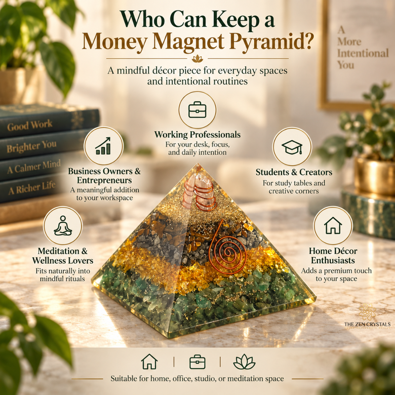 An organic crystal pyramid with gold and green resin detailing sits on a marble surface in a styled home office setting. The image includes text overlays describing the pyramid as a 'Money Magnet Pyramid' and lists various groups it is suitable for, such as business owners, students, and meditation enthusiasts.