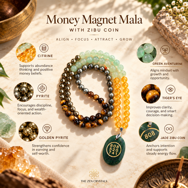 Money Magnet Mala With Zibu Coin crystal combination [90 Beads] | The Zen Crystals