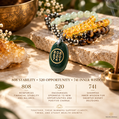 A set of beaded prayer beads and a green oval pendant with gold numerals are arranged on a stone slab with crystals and greenery. Text below reads '808 STABILITY • 520 OPPORTUNITY • 741 INNER WISDOM' with additional affirmational text.