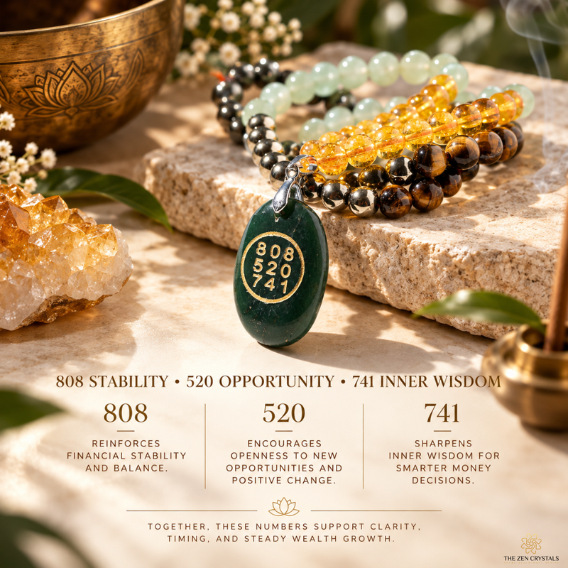A set of beaded prayer beads and a green oval pendant with gold numerals are arranged on a stone slab with crystals and greenery. Text below reads '808 STABILITY • 520 OPPORTUNITY • 741 INNER WISDOM' with additional affirmational text.