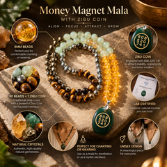 features of the Money Magnet Mala With Zibu Coin [90 Beads] | The Zen Crystals