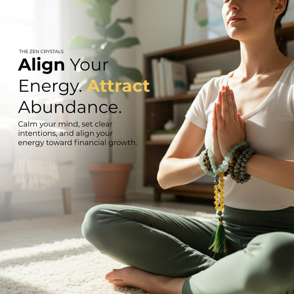 a person doing meditation with Money Magnet 108 Beads Mala by The Zen Crystals