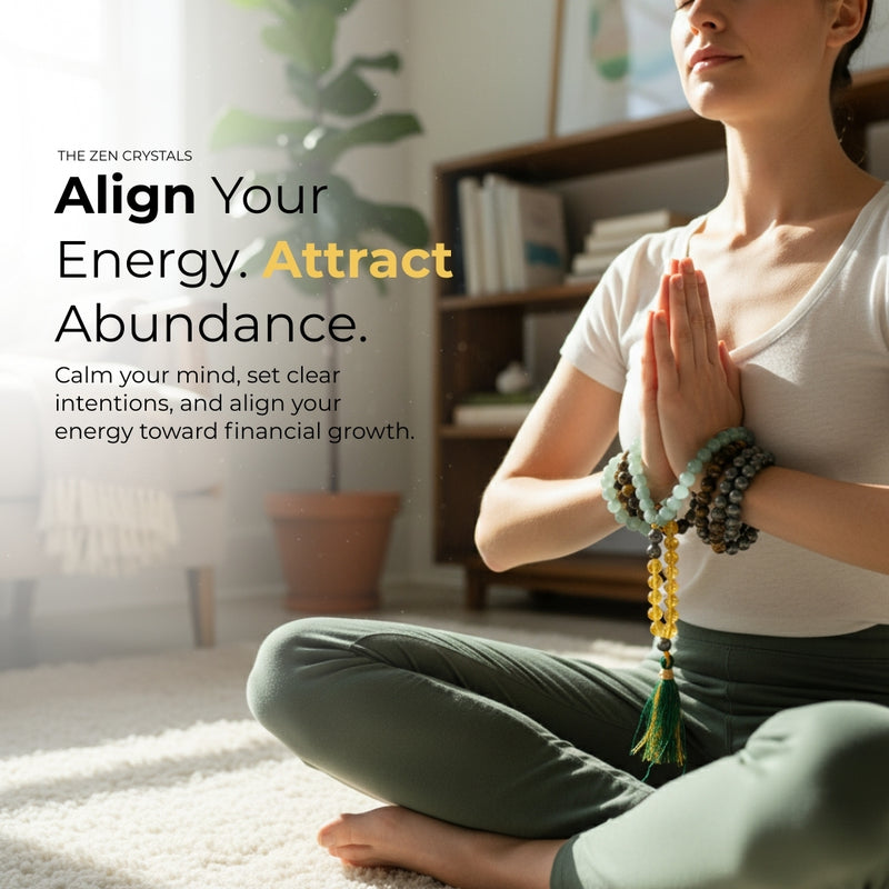 a person doing meditation with Money Magnet 108 Beads Mala by The Zen Crystals