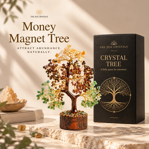 A crystal tree ornament with a brown metallic trunk and branches, green and gold leaf-shaped crystal leaves, and small amber-brown berry clusters, displayed beside its black branded box on a stone surface. The text 'Money Magnet Tree' and 'The Zen Crystals' appears in the scene.