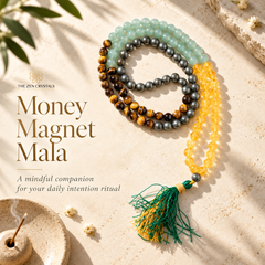 A beaded money magnet mala prayer necklace with multiple gemstone and crystal strands, including light blue, dark gray, yellow, brown, and tiger's eye beads, featuring a green and yellow tassel. The product is styled on a textured beige stone surface with a burning incense burner, dried flowers, and a leaf in the corners.
