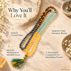A beaded crystal mala necklace laid on a light stone surface, with text callouts describing its benefits. The mala features multiple strands in dark gray, yellow, and light aqua, with a tassel at the end.