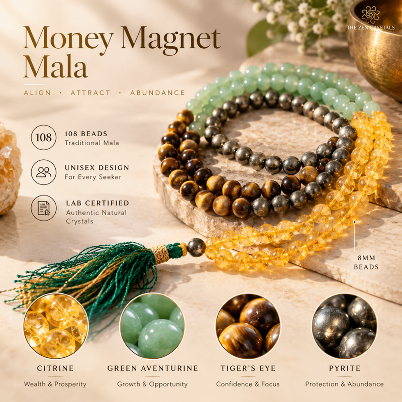 A set of four beaded money magnet malas displayed on a stone slab, featuring green, brown tiger's eye, yellow citrine, and dark gray beads with a green tassel. The image includes text overlays detailing the product features and four circular inset images showing the individual gemstone beads.