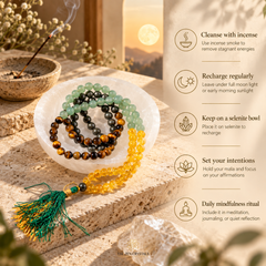 Three beaded prayer ropes displayed on a white stone dish, with a green tassel draped in front. The scene is styled with a burning incense stick, dried flowers, and a warm glowing moon backdrop, accompanied by a vertical text panel outlining five spiritual practices: cleansing with incense, regular recharging, keeping on a selenite bowl, setting intentions, and a daily mindfulness ritual.