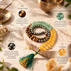 A styled flat-lay of a multi-strand beaded affirmation necklace on a stone slab, surrounded by labeled callouts for gemstones including Tiger's Eye, Green Aventurine, Pyrite, Citrine, and a teal tassel. The scene is set in a warm, softly lit studio with decorative props and no people.