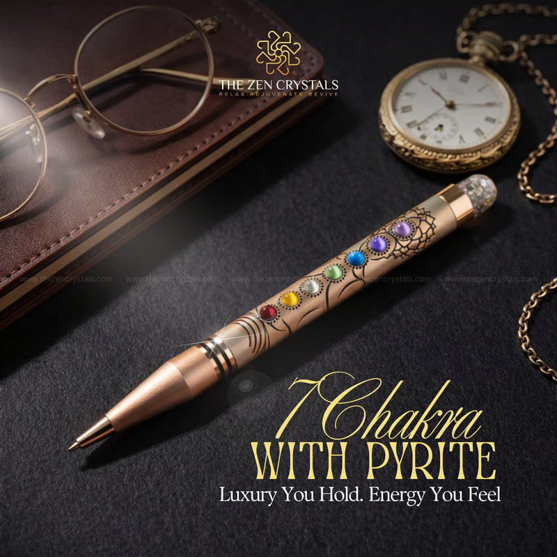 7 chakra pyrite pen with chakra stones on a dark surface with 'The Zen Crystals' branding.