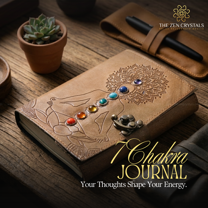 7 Chakra Journal with decorative stones on a wooden surface, featuring The Zen Crystals branding.