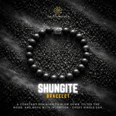 Shungite bracelet on a dark background with 'The Zen Crystals' branding.