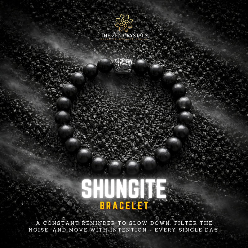Shungite bracelet on a dark background with 'The Zen Crystals' branding.