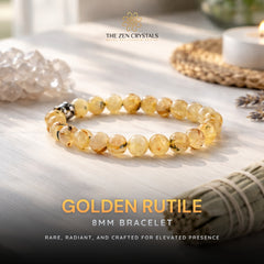 Golden Rutile bracelet on a wooden surface with 'The Zen Crystals' branding.