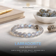 Labradorite bracelet on a light surface with 'The Zen Crystals' branding.