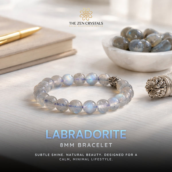 Labradorite bracelet on a light surface with 'The Zen Crystals' branding.