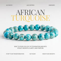 Turquoise beaded bracelet with promotional text on a light gray background