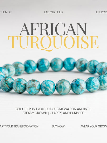 Turquoise beaded bracelet with promotional text on a light gray background