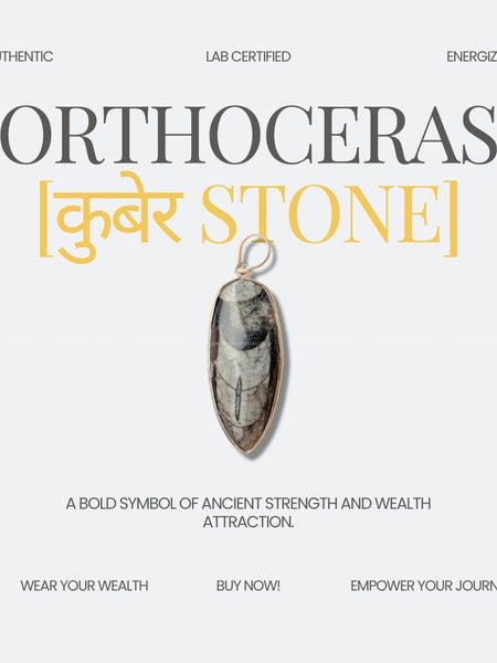 Orthoceras pendant with text about its properties and uses on a white background