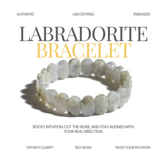 Labradorite bracelet with text on a white background