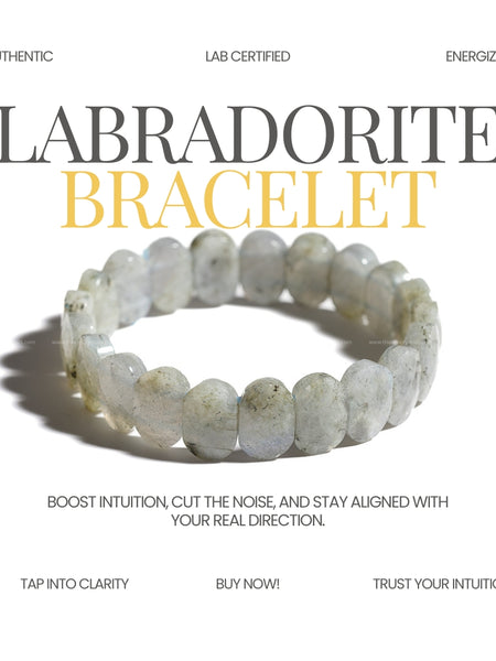 Labradorite bracelet with text on a white background