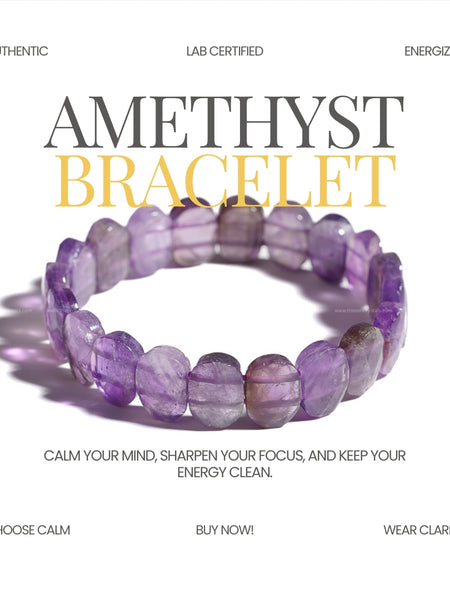 Amethyst bracelet with promotional text on a white background
