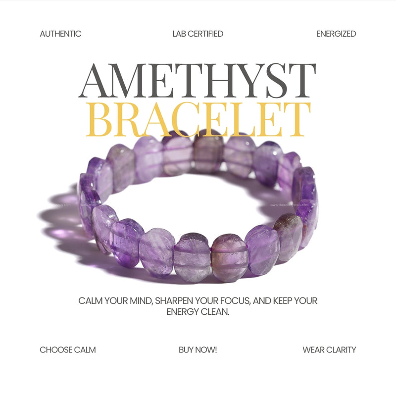 Amethyst bracelet with promotional text on a white background