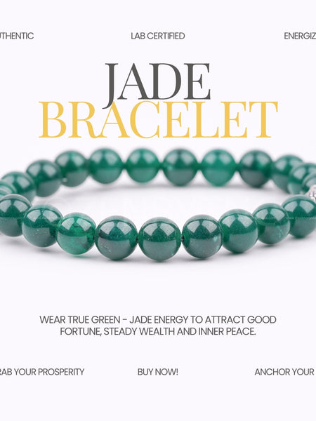 Jade bracelet on a white background with promotional text.
