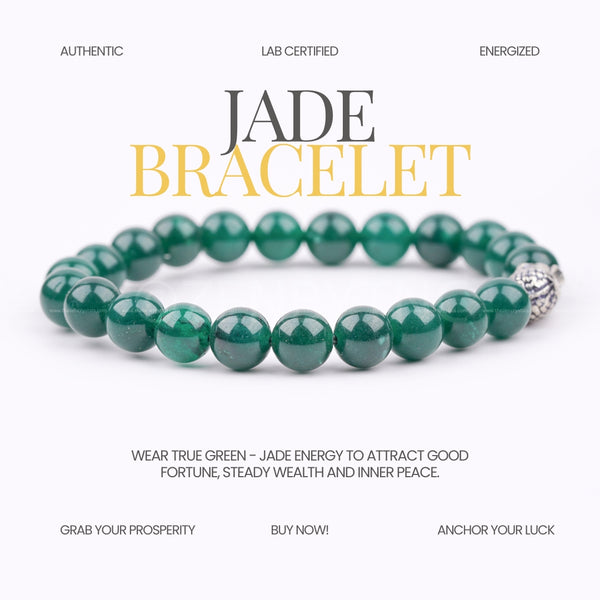 Jade bracelet on a white background with promotional text.