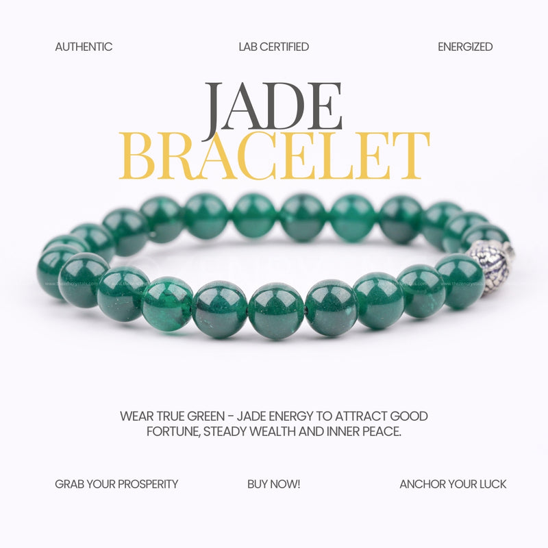 Jade bracelet on a white background with promotional text.