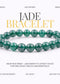 Jade bracelet on a white background with promotional text.