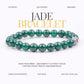 Jade bracelet on a white background with promotional text.