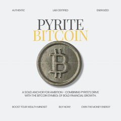 Pyrite Bitcoin coin with branding and promotional text on a white background