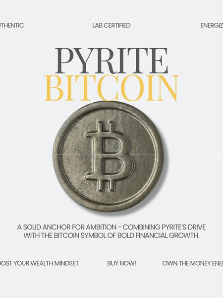 Pyrite Bitcoin coin with branding and promotional text on a white background