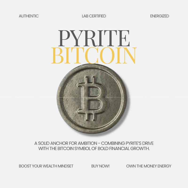 Pyrite Bitcoin coin with branding and promotional text on a white background