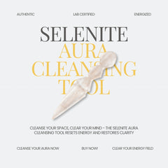 Selenite aura cleansing tool with promotional text on a white background