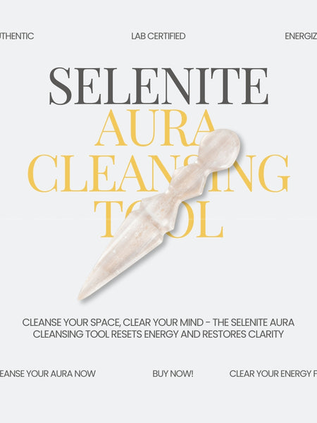 Selenite aura cleansing tool with promotional text on a white background