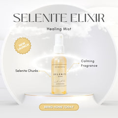 Selenite Elixir Healing Mist bottle with product features on a white background