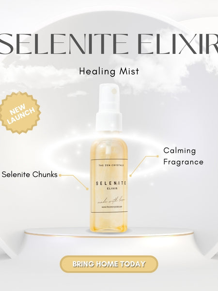 Selenite Elixir Healing Mist bottle with product features on a white background