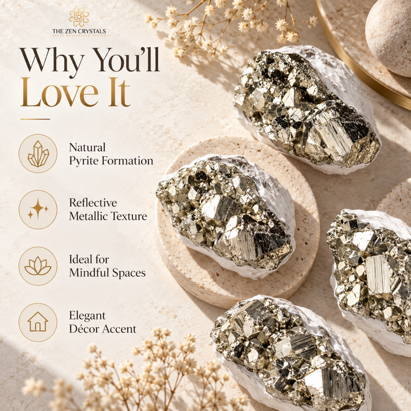 Four natural pyrite crystal clusters with reflective metallic gold and silver mineral textures, displayed on round stone coasters on a light beige surface. The image includes marketing text on the left reading 'Why You'll Love It' and 'Natural Pyrite Formation,' along with decorative dried flowers and a gold tray edge.