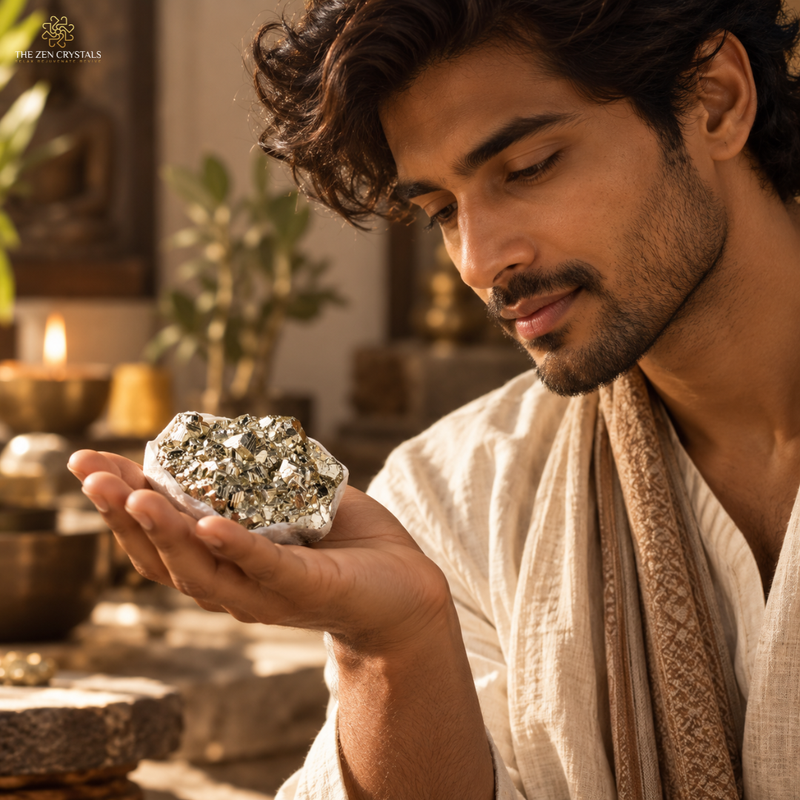 A man in a white robe holds a raw silver-colored crystal cluster in his hand, set against a warm, softly blurred background with candles and plants. The logo 'The Zen Crystals' is visible in the top-left corner.