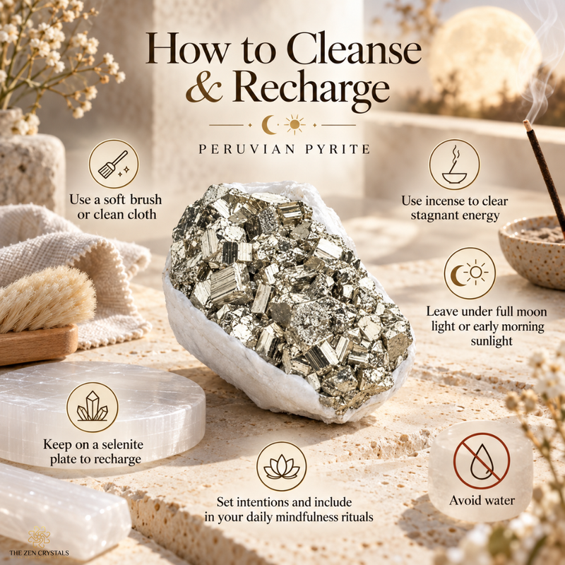 An informational graphic titled 'How to Cleanse & Recharge' centered on a polished piece of peruvian pyrite, surrounded by soft-focus spa props and text callouts about cleansing practices. The scene is warm beige and cream with natural light, and the pyrite crystal is the main product shown.