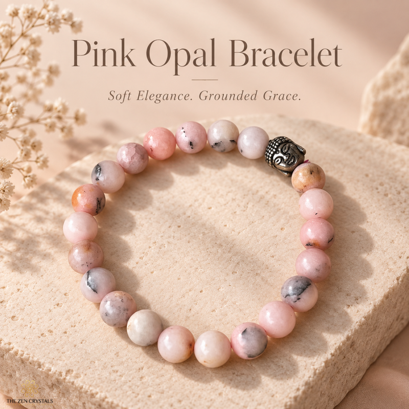 A pink opal beaded bracelet displayed on a textured beige stone slab. The bracelet features round, marbled pink, peach, and white beads with a small black metal Buddha bead.