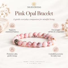 Pink opal beaded bracelet with a silver-toned metal accent bead, displayed on a light cream background with decorative dried flowers and text overlays from The Zen Crystals.