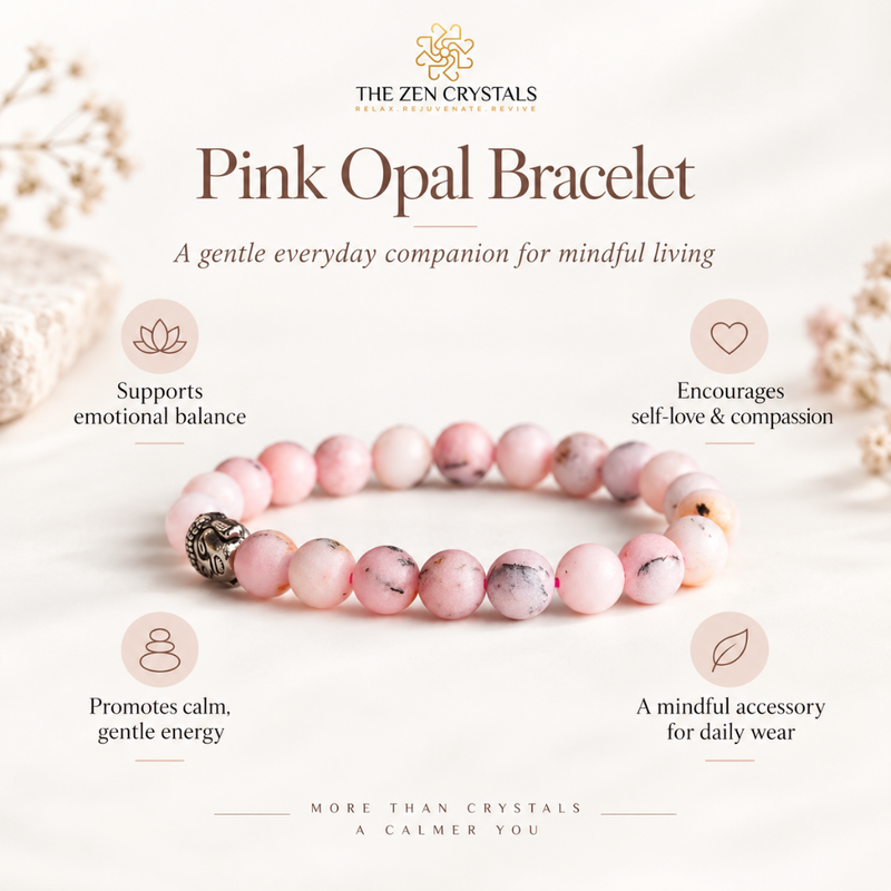 Pink opal beaded bracelet with a silver-toned metal accent bead, displayed on a light cream background with decorative dried flowers and text overlays from The Zen Crystals.