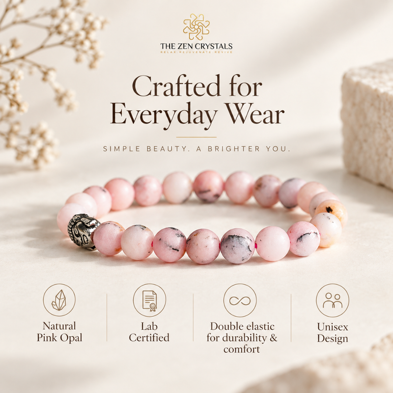 A pink opal beaded bracelet with a silver-toned decorative bead, displayed on a light beige surface with decorative dried flowers and a textured stone. The image includes branding for 'The Zen Crystals' and feature icons for 'Natural Pink Opal', 'Lab Certified', 'Double elastic for durability & comfort', and 'Unisex Design'.
